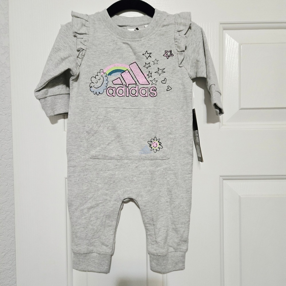 Adidas Baby Girls Ruffle Shoulder Coverall Grey Pink Rainbow Star 3M NWT